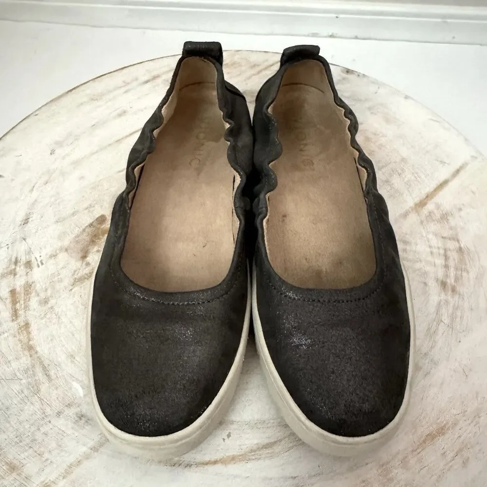 Vionic Uptown Ballet Loafer Elastic Topline Leather Polluted Silver Women's 6 - Picture 3 of 8